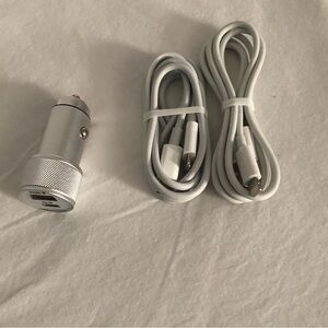 Silver Car Charger with Dual USB Ports for two iPhone/ iPad/AirPod cable.
